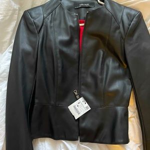 Zara women faux black leather jacket with shoulder pads size small red inside
